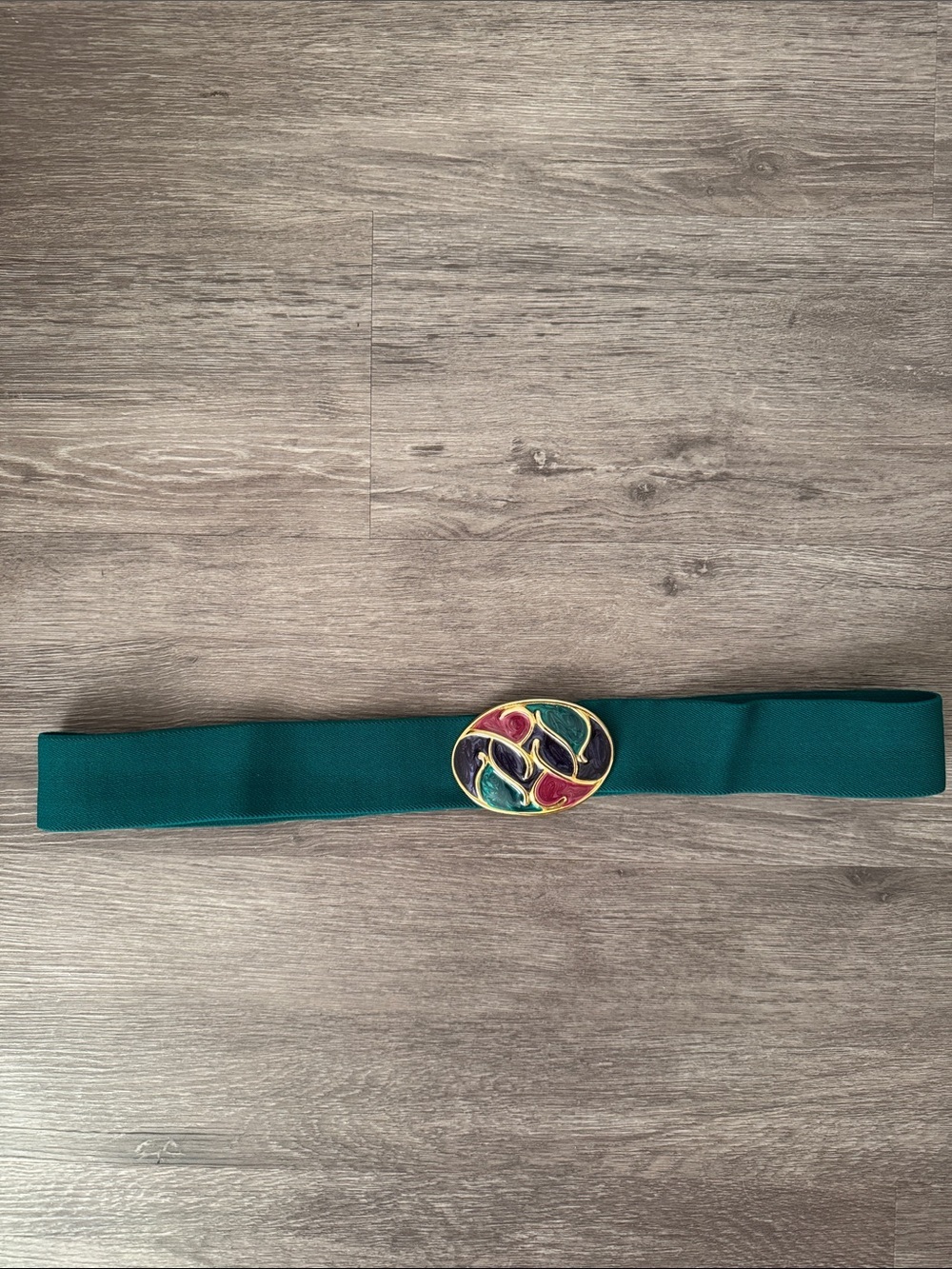 Teal Elastic Women's Belt with Multicolor Enamel Buckle - Picture 2 of 6